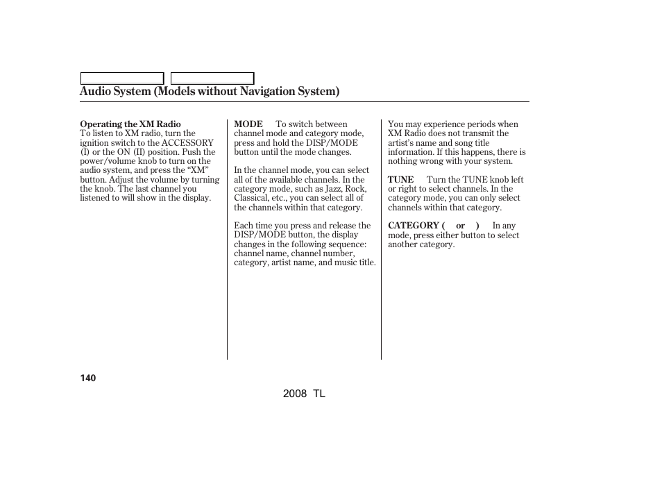 Audio system (models without navigation system) | Acura 2008 TL User Manual | Page 143 / 376