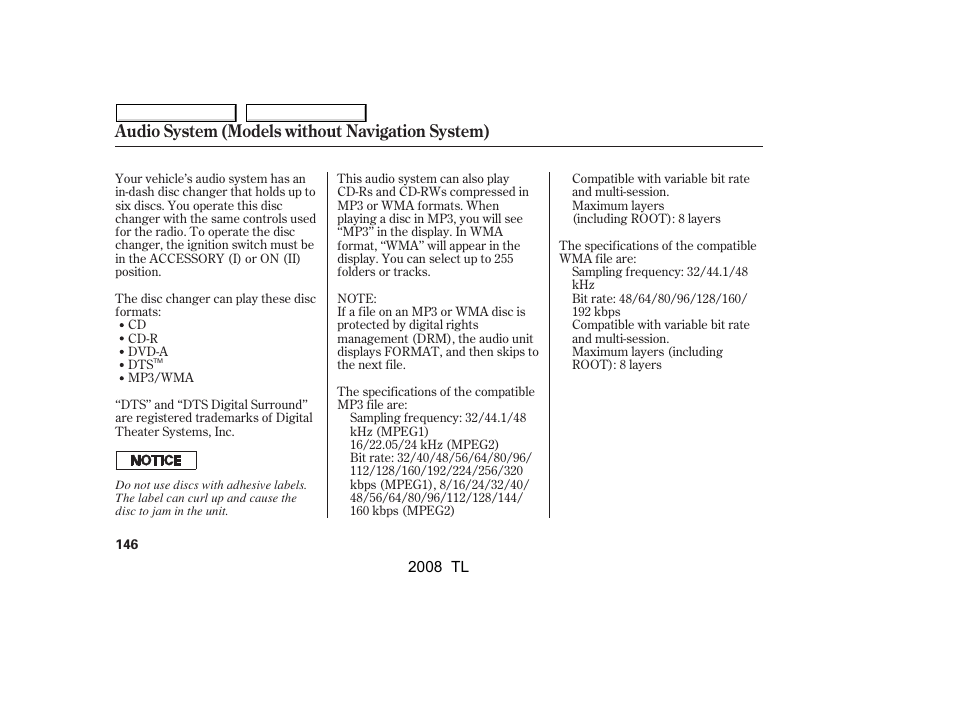 Audio system (models without navigation system) | Acura 2008 TL User Manual | Page 149 / 376