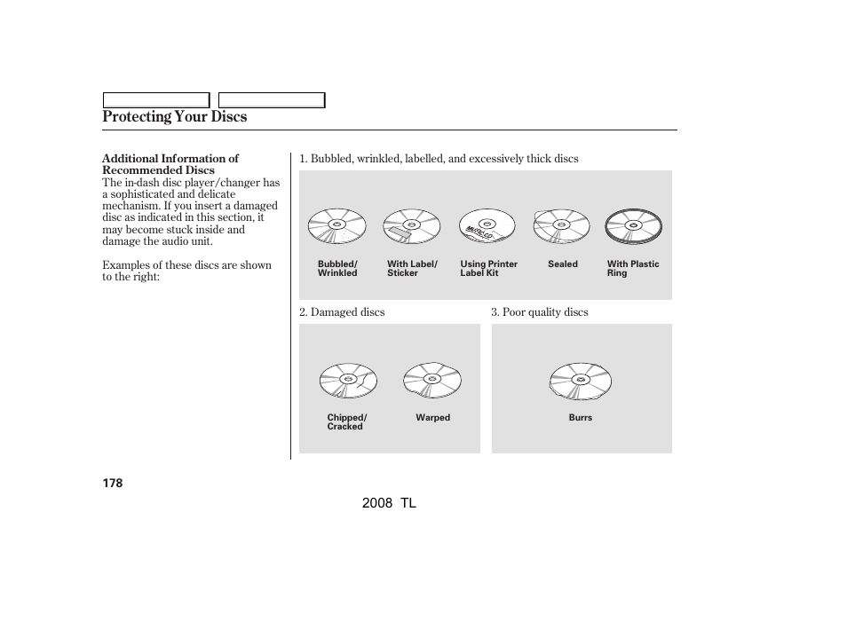 Protecting your discs, 2008 tl | Acura 2008 TL User Manual | Page 181 / 376