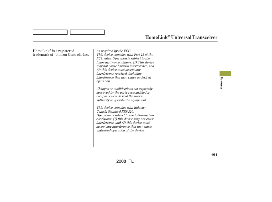 Homelink universal transceiver, 2008 tl | Acura 2008 TL User Manual | Page 194 / 376