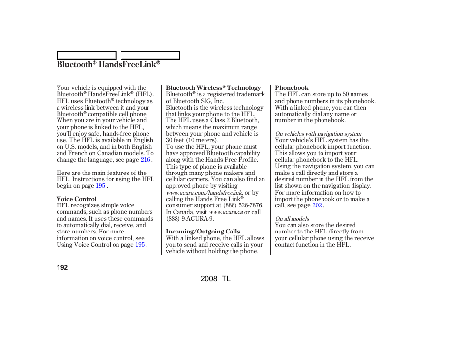 Bluetooth handsfreelink | Acura 2008 TL User Manual | Page 195 / 376