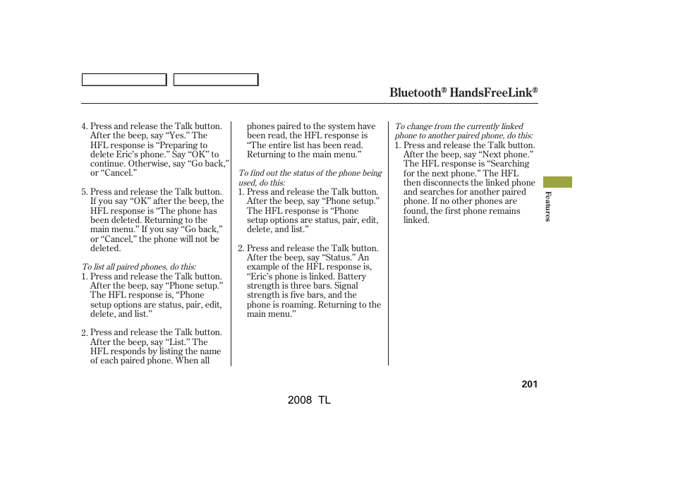 Bluetooth handsfreelink | Acura 2008 TL User Manual | Page 204 / 376