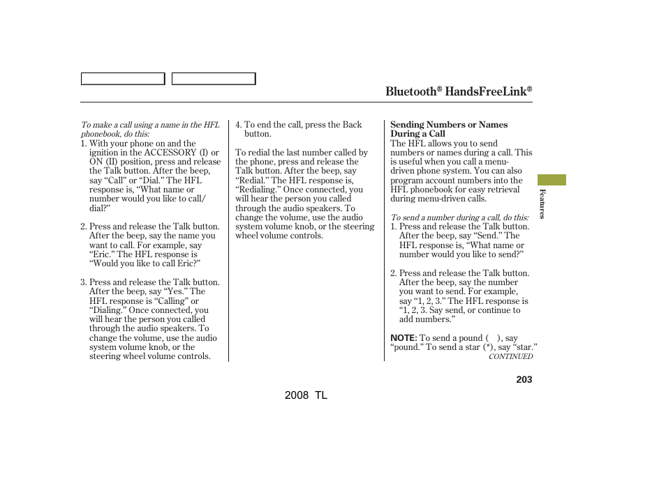 Bluetooth handsfreelink | Acura 2008 TL User Manual | Page 206 / 376