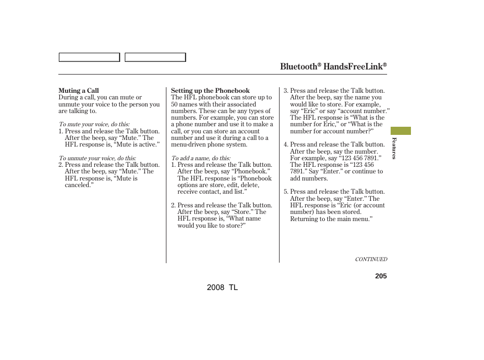 Bluetooth handsfreelink | Acura 2008 TL User Manual | Page 208 / 376