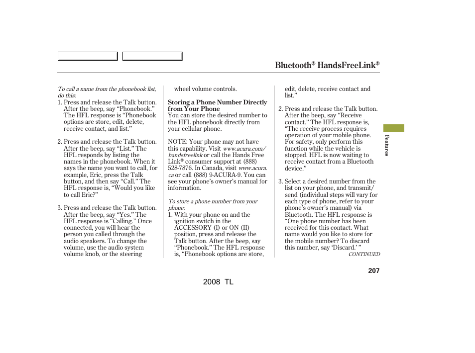 Bluetooth handsfreelink | Acura 2008 TL User Manual | Page 210 / 376