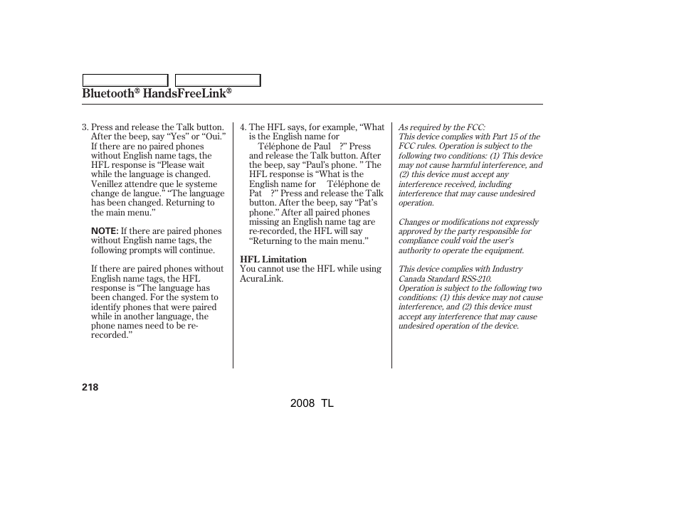 Bluetooth handsfreelink | Acura 2008 TL User Manual | Page 221 / 376