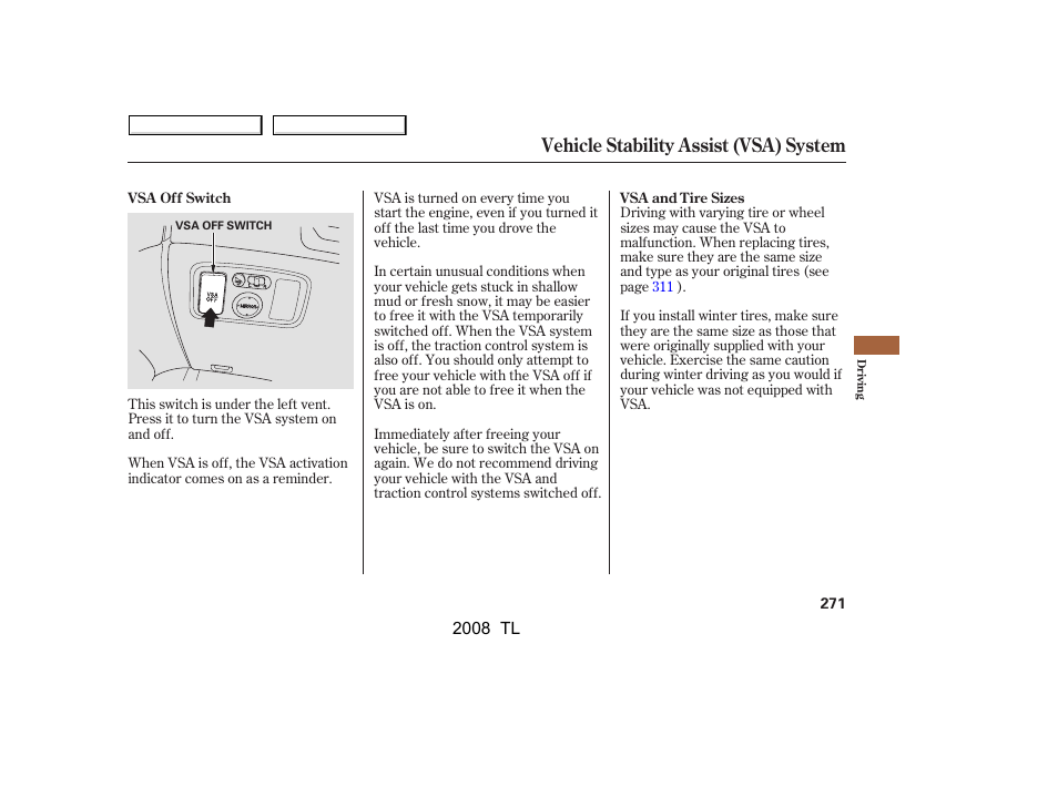 Vehicle stability assist (vsa) system | Acura 2008 TL User Manual | Page 274 / 376