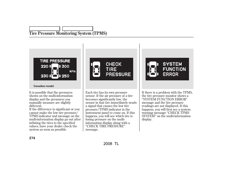 Tire pressure monitoring system (tpms) | Acura 2008 TL User Manual | Page 277 / 376