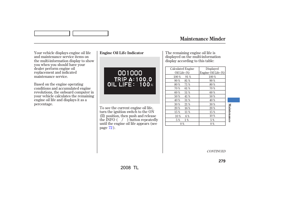 Maintenance minder, 2008 tl | Acura 2008 TL User Manual | Page 282 / 376