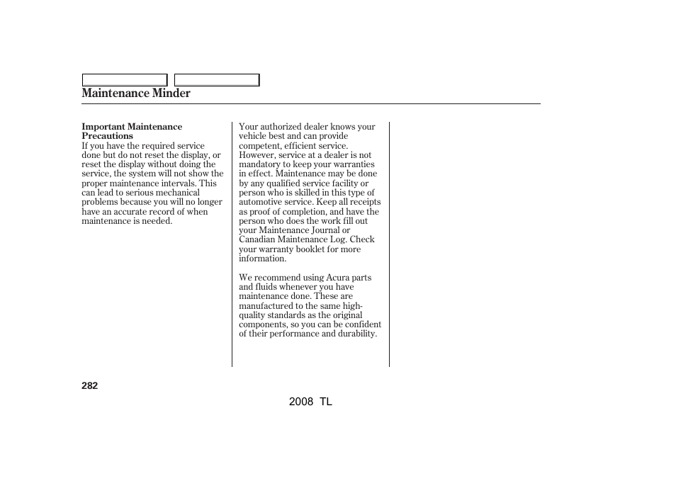 Maintenance minder | Acura 2008 TL User Manual | Page 285 / 376