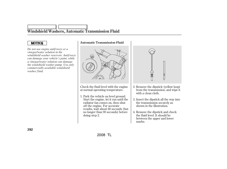 Windshield washers, automatic transmission fluid | Acura 2008 TL User Manual | Page 295 / 376