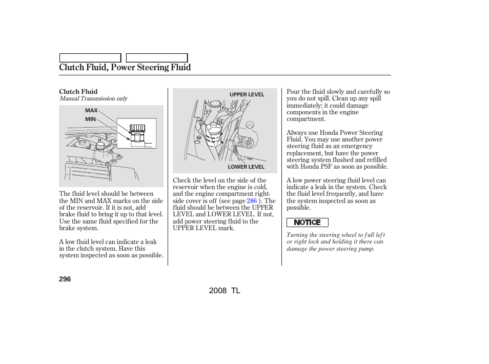 Clutch fluid, power steering fluid | Acura 2008 TL User Manual | Page 299 / 376