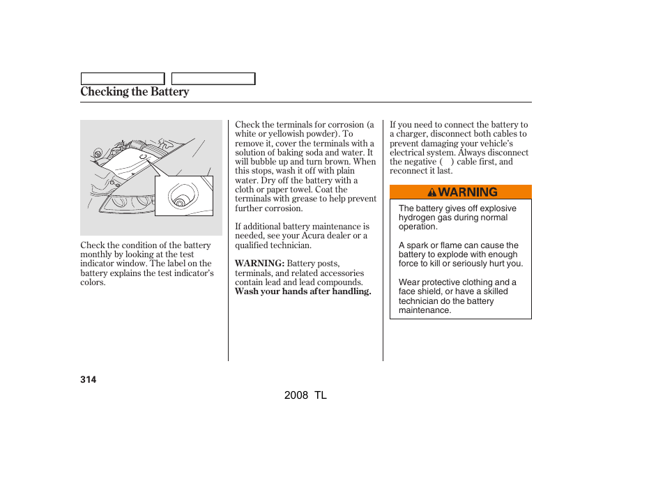 Checking the battery | Acura 2008 TL User Manual | Page 317 / 376