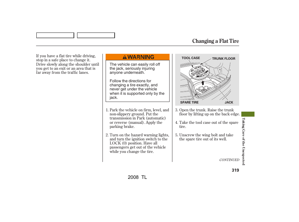 Changing a flat tire, 2008 tl | Acura 2008 TL User Manual | Page 322 / 376
