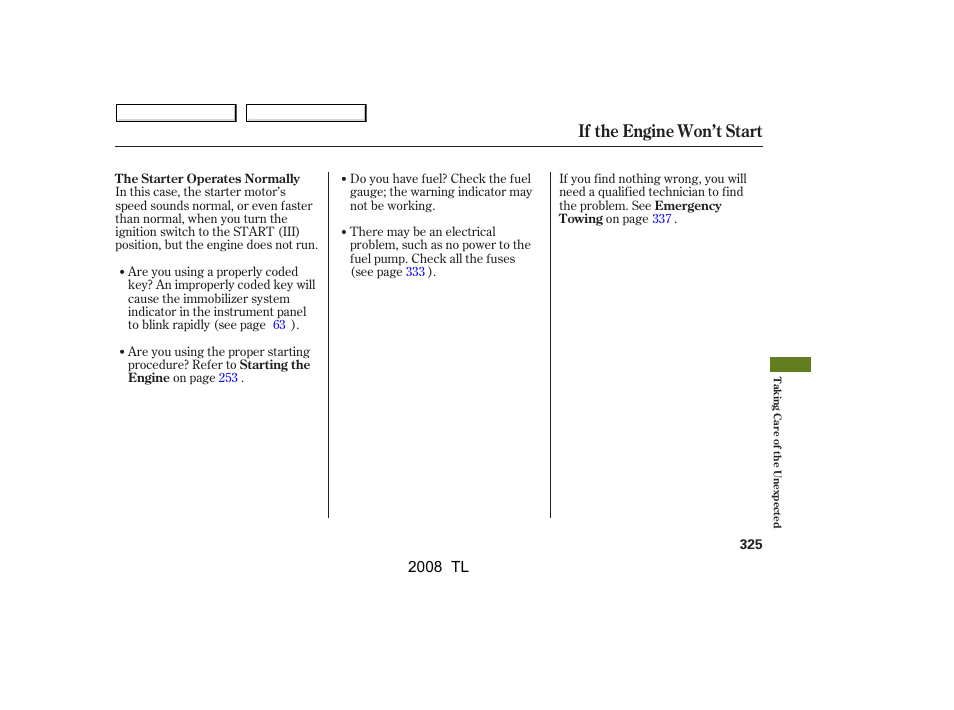 If the engine won’t start, 2008 tl | Acura 2008 TL User Manual | Page 328 / 376
