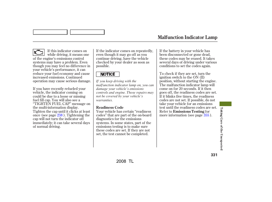 Malfunction indicator lamp, 2008 tl | Acura 2008 TL User Manual | Page 334 / 376