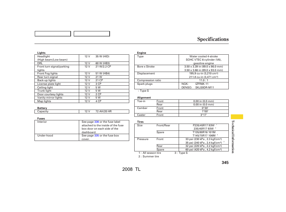 Specifications, 2008 tl | Acura 2008 TL User Manual | Page 348 / 376