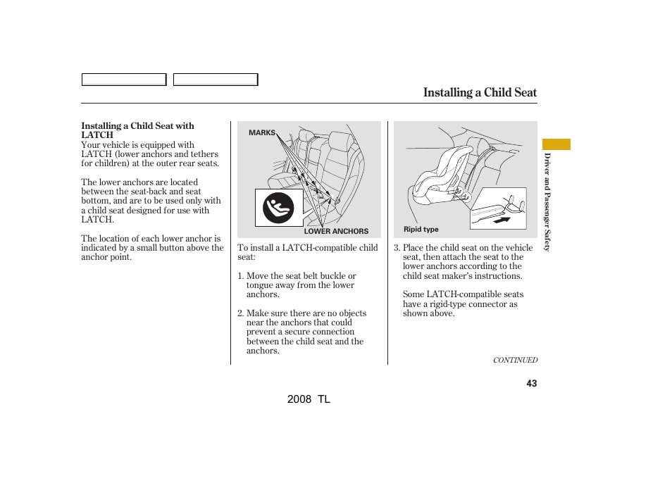 Installing a child seat, 2008 tl | Acura 2008 TL User Manual | Page 46 / 376