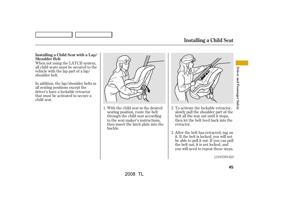 Installing a child seat, 2008 tl | Acura 2008 TL User Manual | Page 48 / 376