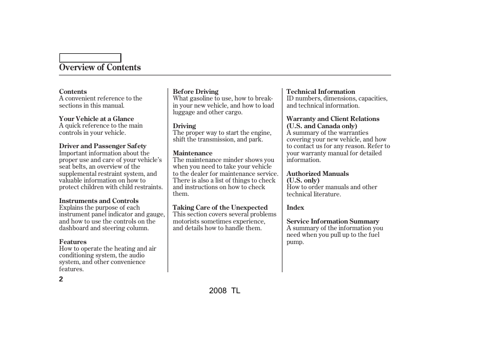 Overview of contents | Acura 2008 TL User Manual | Page 5 / 376