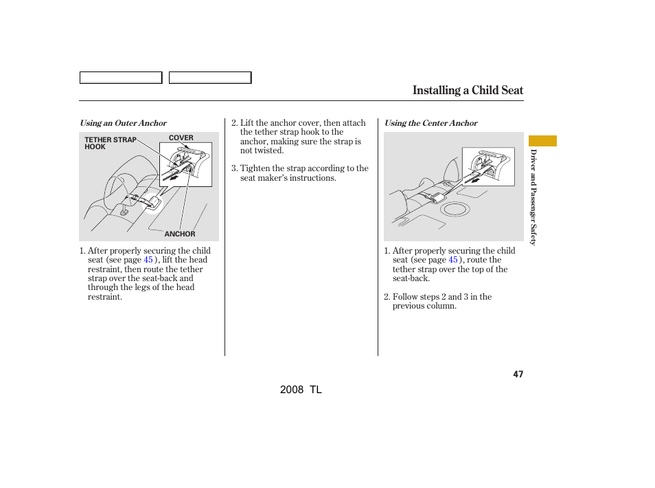 Installing a child seat, 2008 tl | Acura 2008 TL User Manual | Page 50 / 376