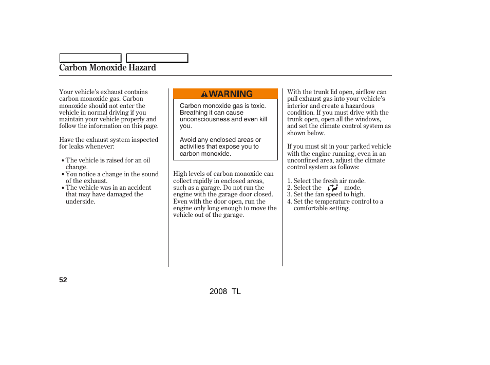 Carbon monoxide hazard | Acura 2008 TL User Manual | Page 55 / 376