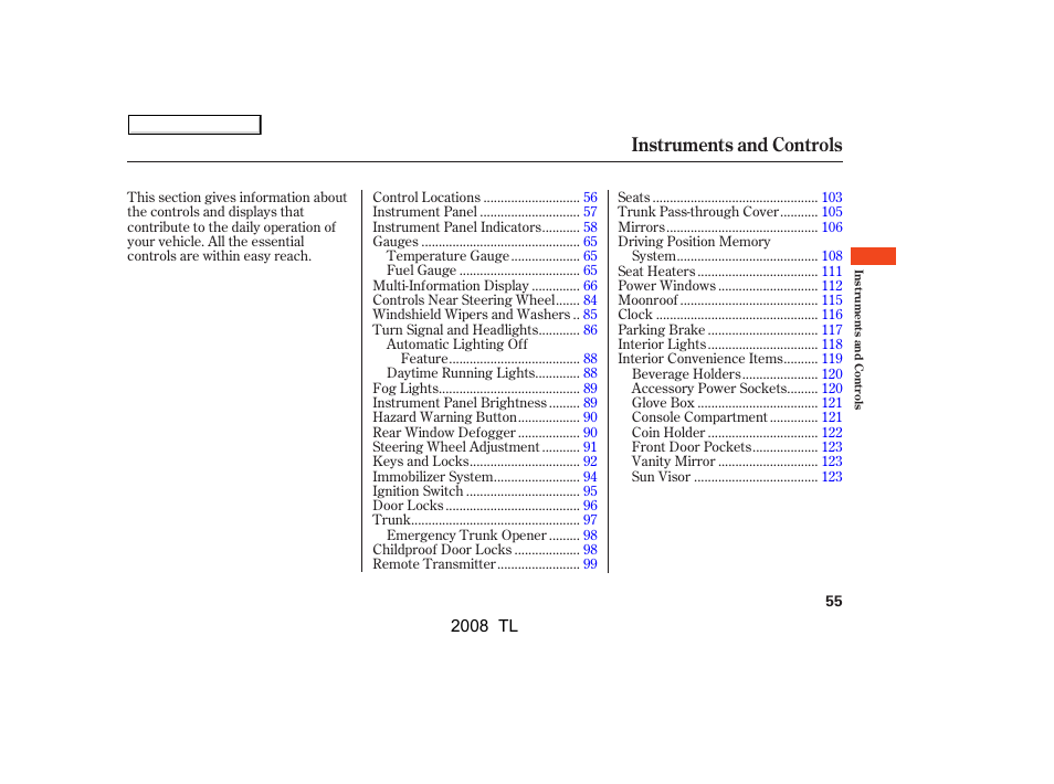 Instruments and controls | Acura 2008 TL User Manual | Page 58 / 376