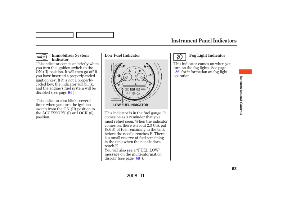 Instrument panel indicators, 2008 tl | Acura 2008 TL User Manual | Page 66 / 376