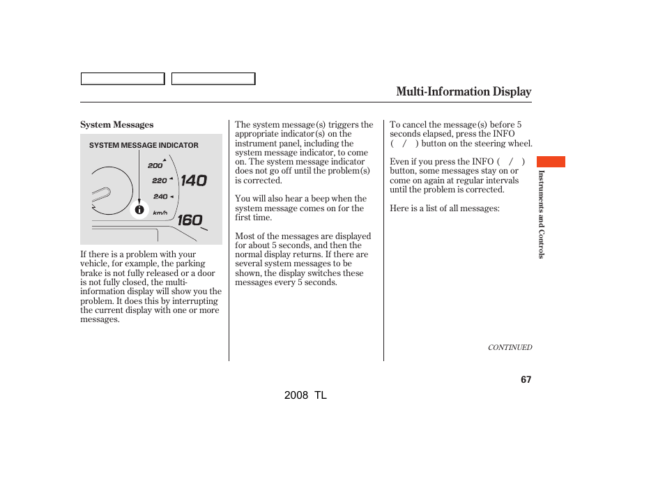 Multi-information display, 2008 tl | Acura 2008 TL User Manual | Page 70 / 376
