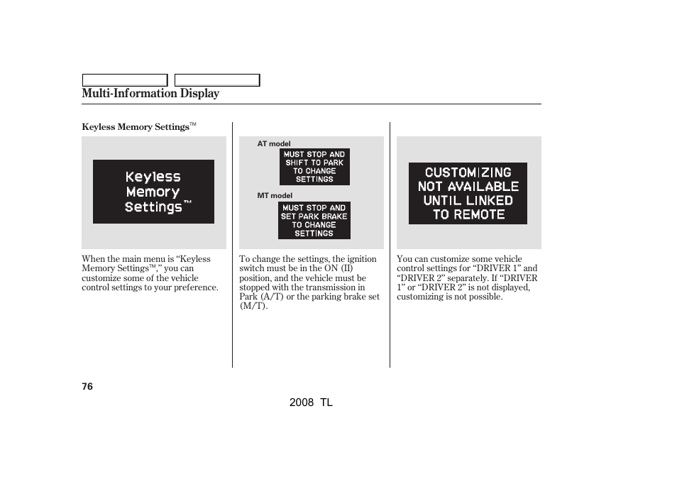Multi-information display, 2008 tl | Acura 2008 TL User Manual | Page 79 / 376