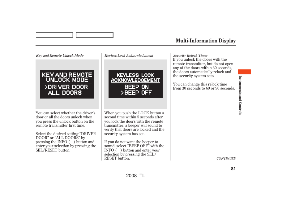 Multi-information display, 2008 tl | Acura 2008 TL User Manual | Page 84 / 376