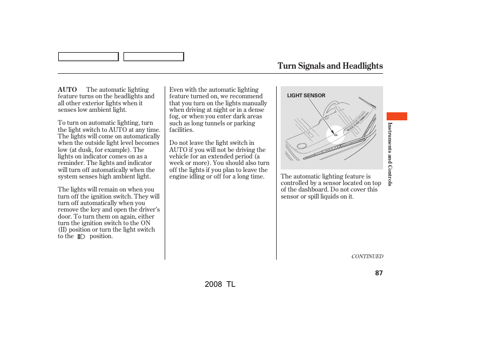 Turn signals and headlights, 2008 tl | Acura 2008 TL User Manual | Page 90 / 376