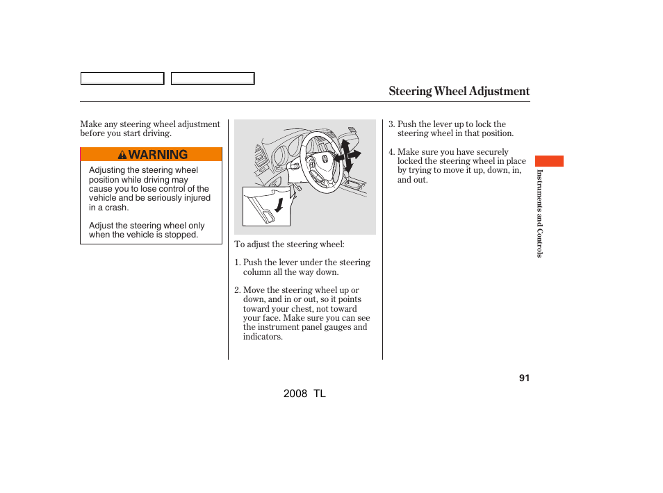 Steering wheel adjustment, 2008 tl | Acura 2008 TL User Manual | Page 94 / 376