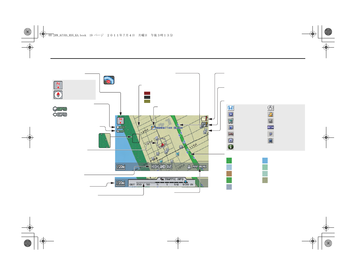 Getting started, Map screen legend | Acura 2012 RDX Navigation User Manual | Page 20 / 176