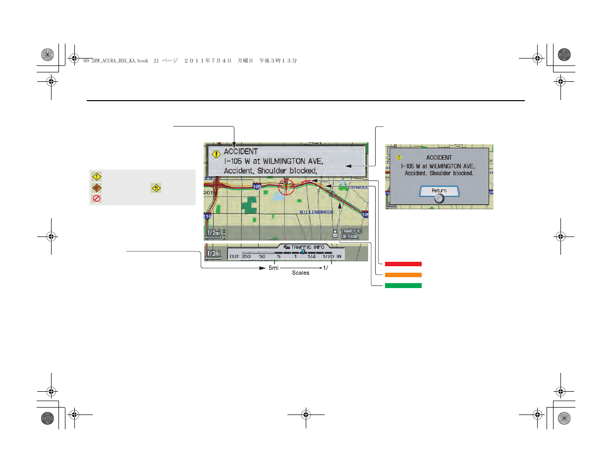 Getting started, Traffic display legend | Acura 2012 RDX Navigation User Manual | Page 22 / 176