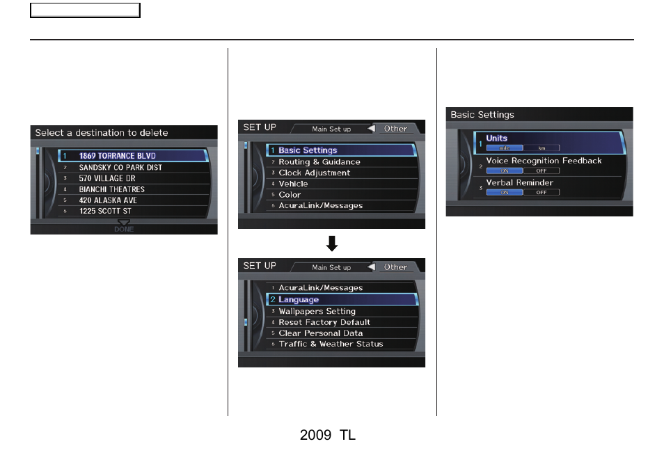 System setup, 2009 tl | Acura 2009 TL Navigation User Manual | Page 101 / 172