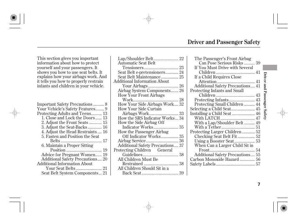 Driver and passenger safety | Acura 2011 RL User Manual | Page 13 / 562