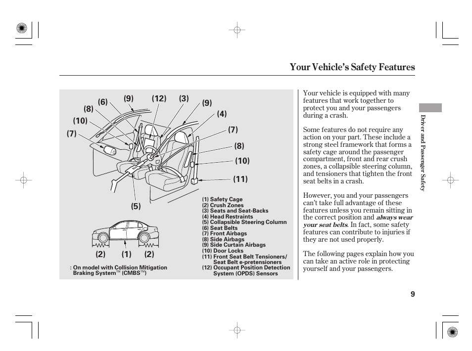 Your vehicle’s safety features | Acura 2011 RL User Manual | Page 15 / 562