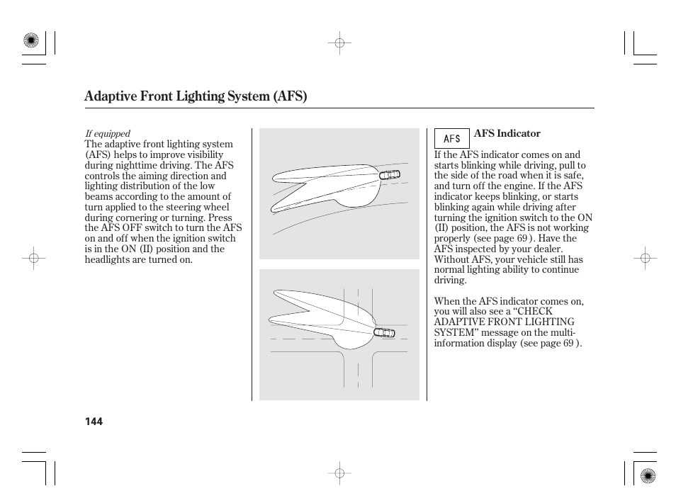 Adaptive front lighting system (afs) | Acura 2011 RL User Manual | Page 150 / 562