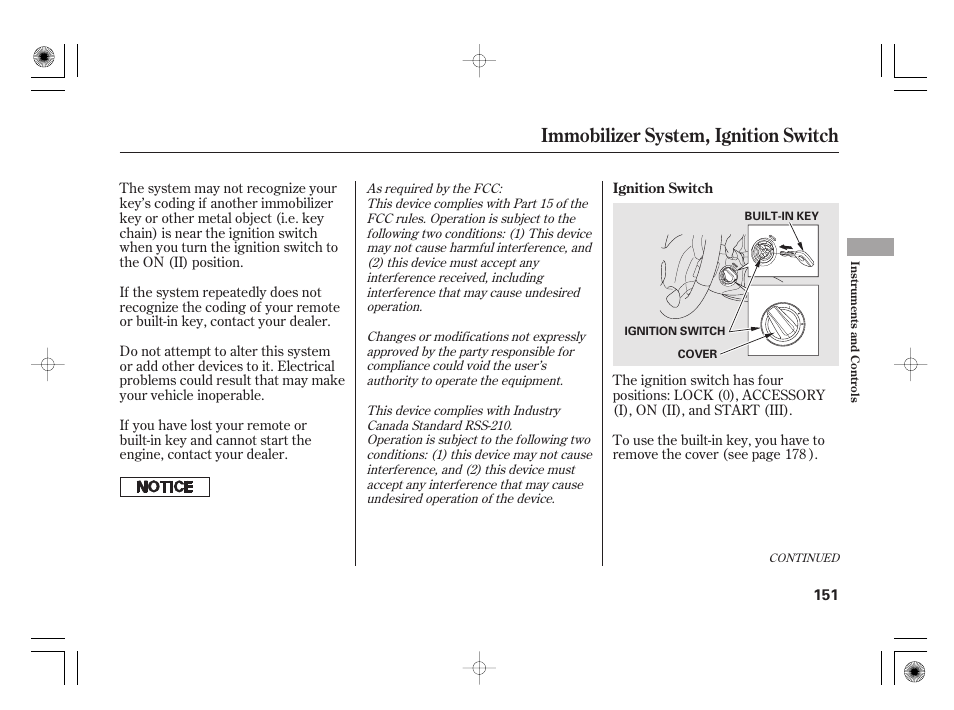 Immobilizer system, ignition switch | Acura 2011 RL User Manual | Page 157 / 562