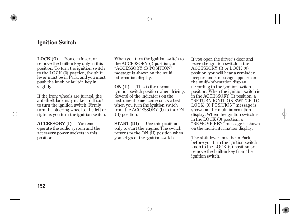 Ignition switch | Acura 2011 RL User Manual | Page 158 / 562