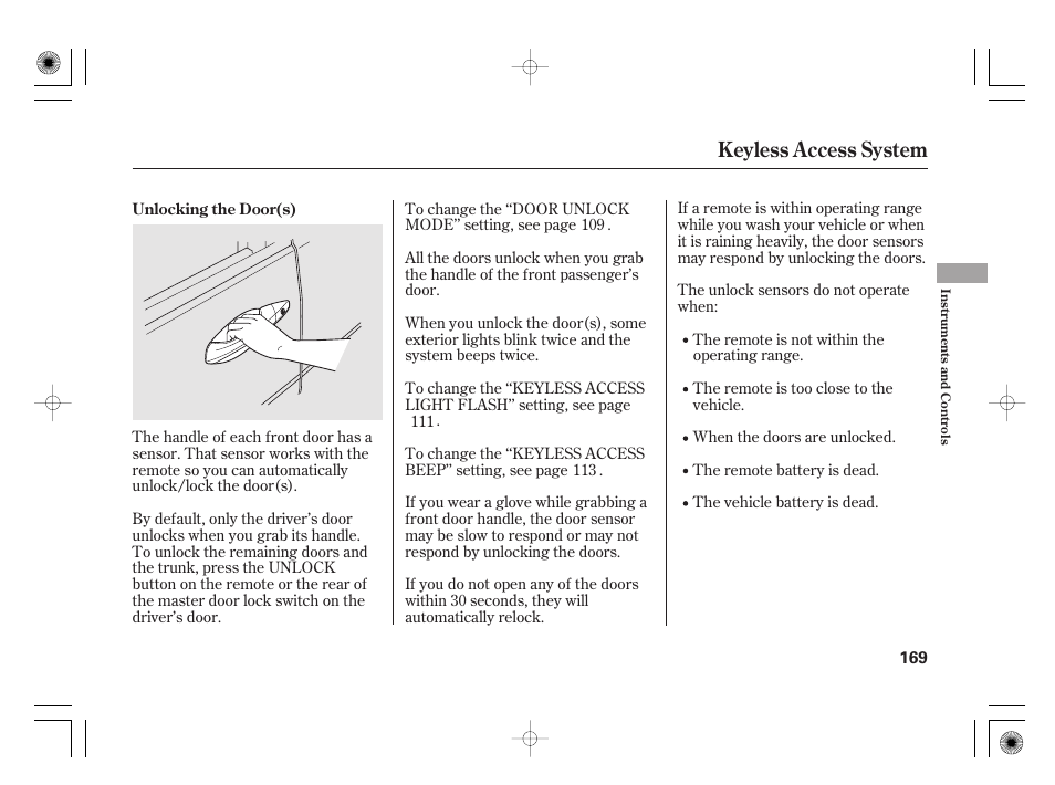 Keyless access system | Acura 2011 RL User Manual | Page 175 / 562