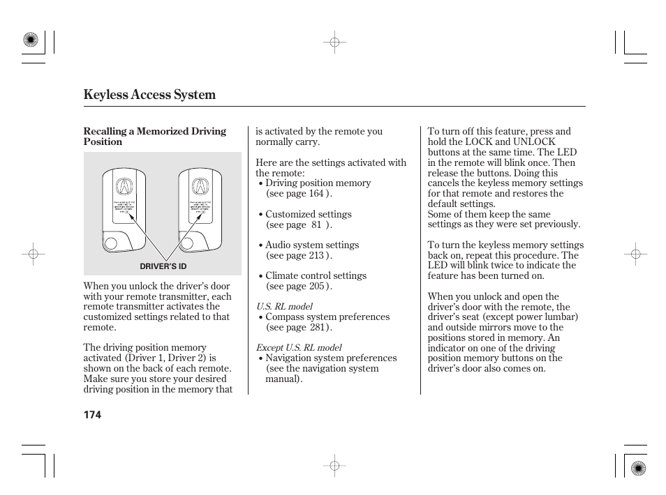 Keyless access system | Acura 2011 RL User Manual | Page 180 / 562