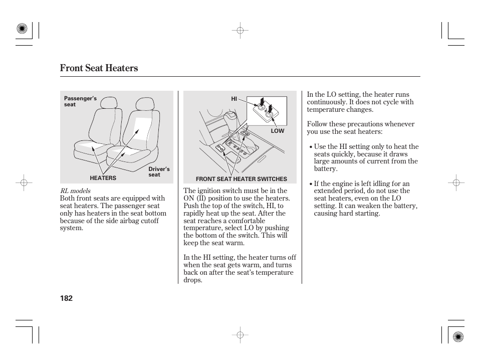 Front seat heaters | Acura 2011 RL User Manual | Page 188 / 562