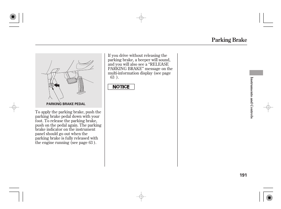 Parking brake | Acura 2011 RL User Manual | Page 197 / 562