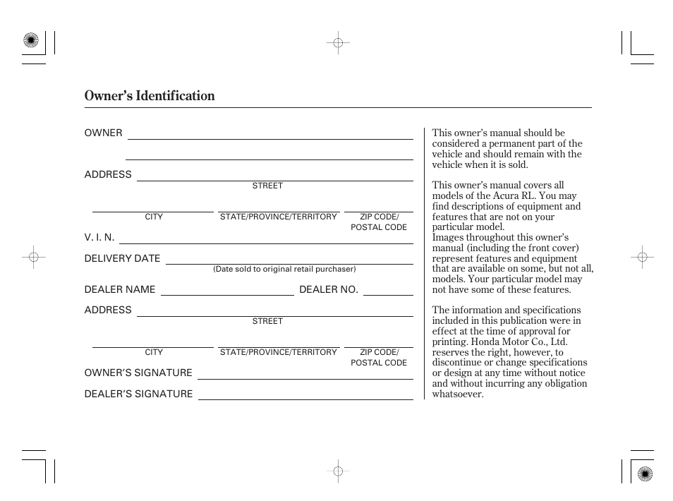 Owner’s identification | Acura 2011 RL User Manual | Page 2 / 562