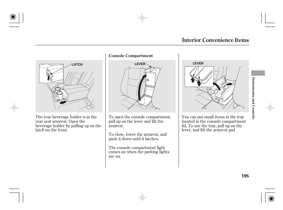 Interior convenience items | Acura 2011 RL User Manual | Page 201 / 562