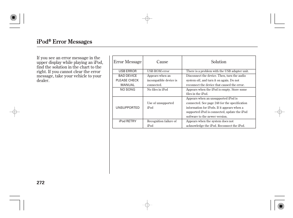 Ipod error messages | Acura 2011 RL User Manual | Page 278 / 562