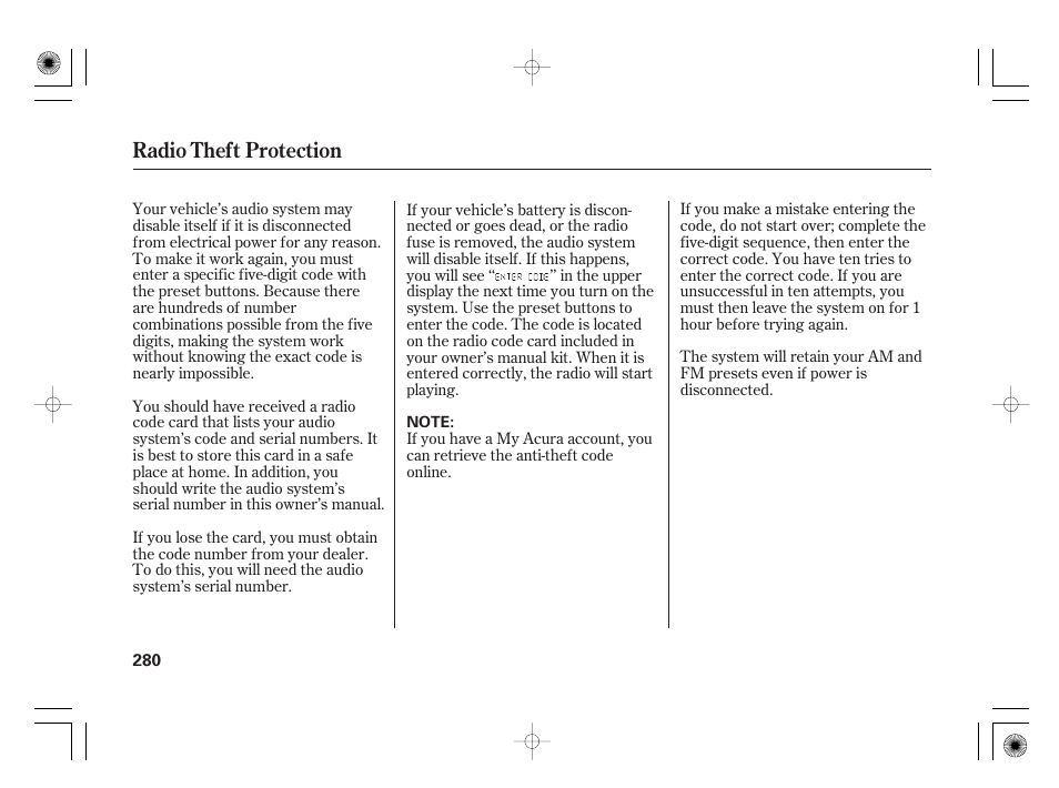 Radio theft protection | Acura 2011 RL User Manual | Page 286 / 562