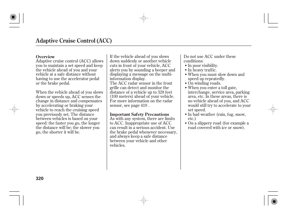 Adaptive cruise control (acc) | Acura 2011 RL User Manual | Page 326 / 562